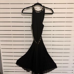 White House Black Market Black Pleated Halter Midi Dress with Gold Chain Detail